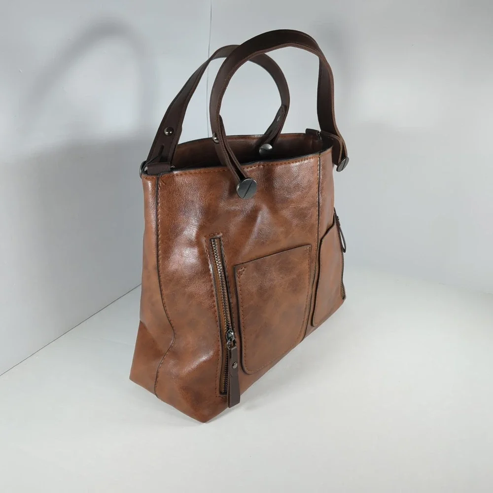 Brown Soft Vegan Leather Satchel Handbag Multi-Pocket Organizer Purse NEW